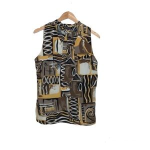 Kaleidoscope Sleeveless Blouse Womens Size M Brown Gold Tie Neck Side Zipper